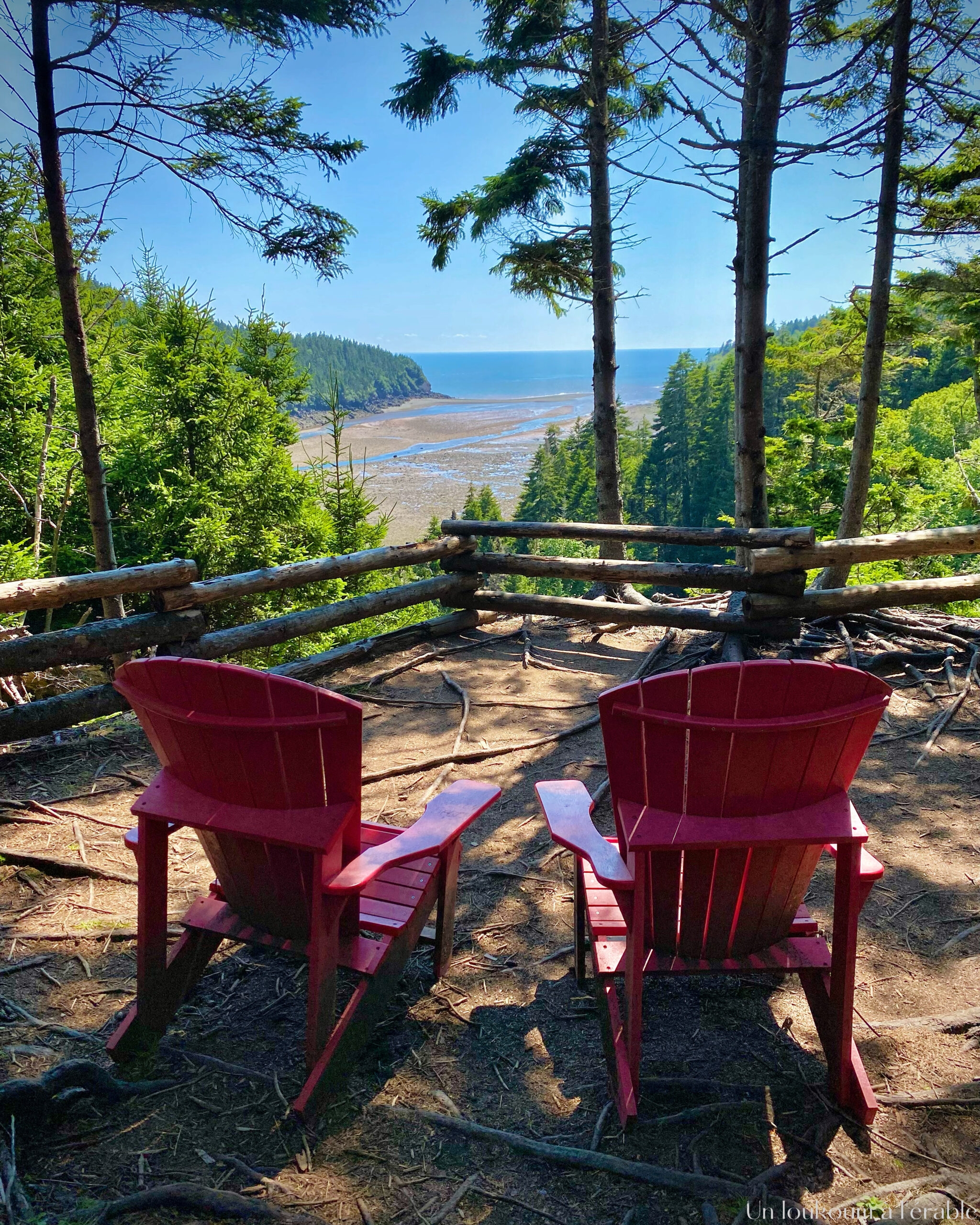 chaises rouges avec vue sur la baie de fundy